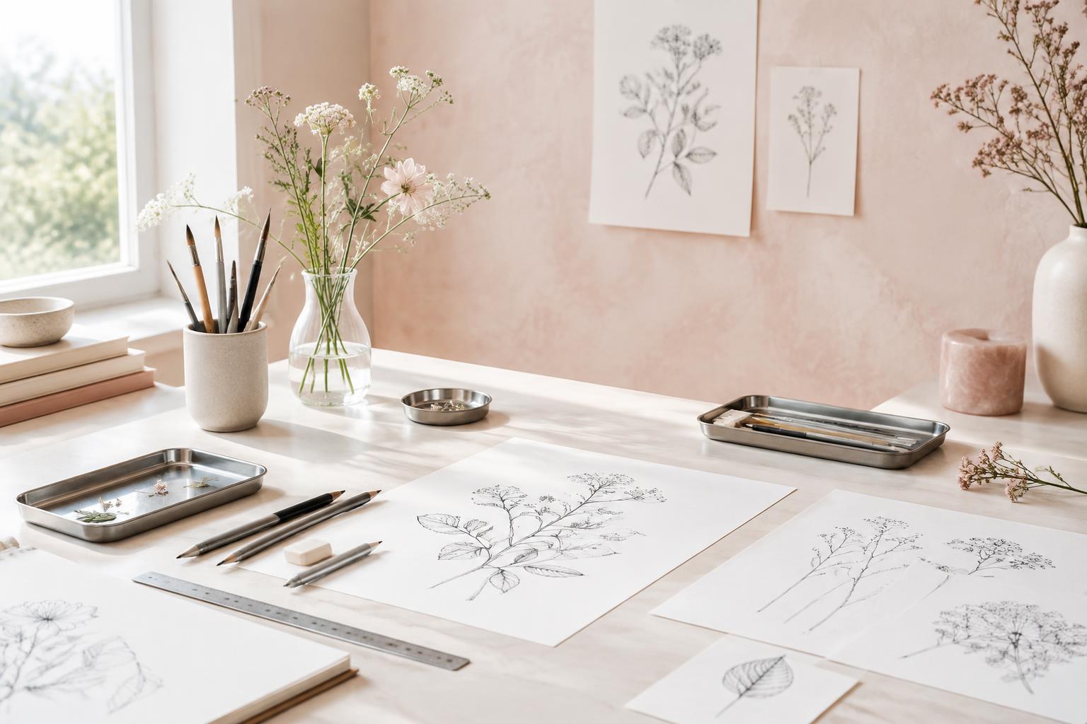 Heller Arbeitsplatz mit Fine-Line-Entwürfen